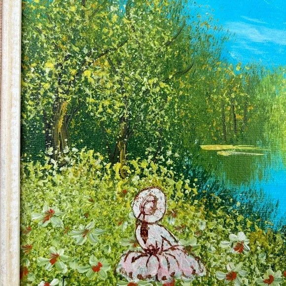 Vintage Landscape Impressionist Oil Painting of a Lady by a Lake. - Picture 5 of 11